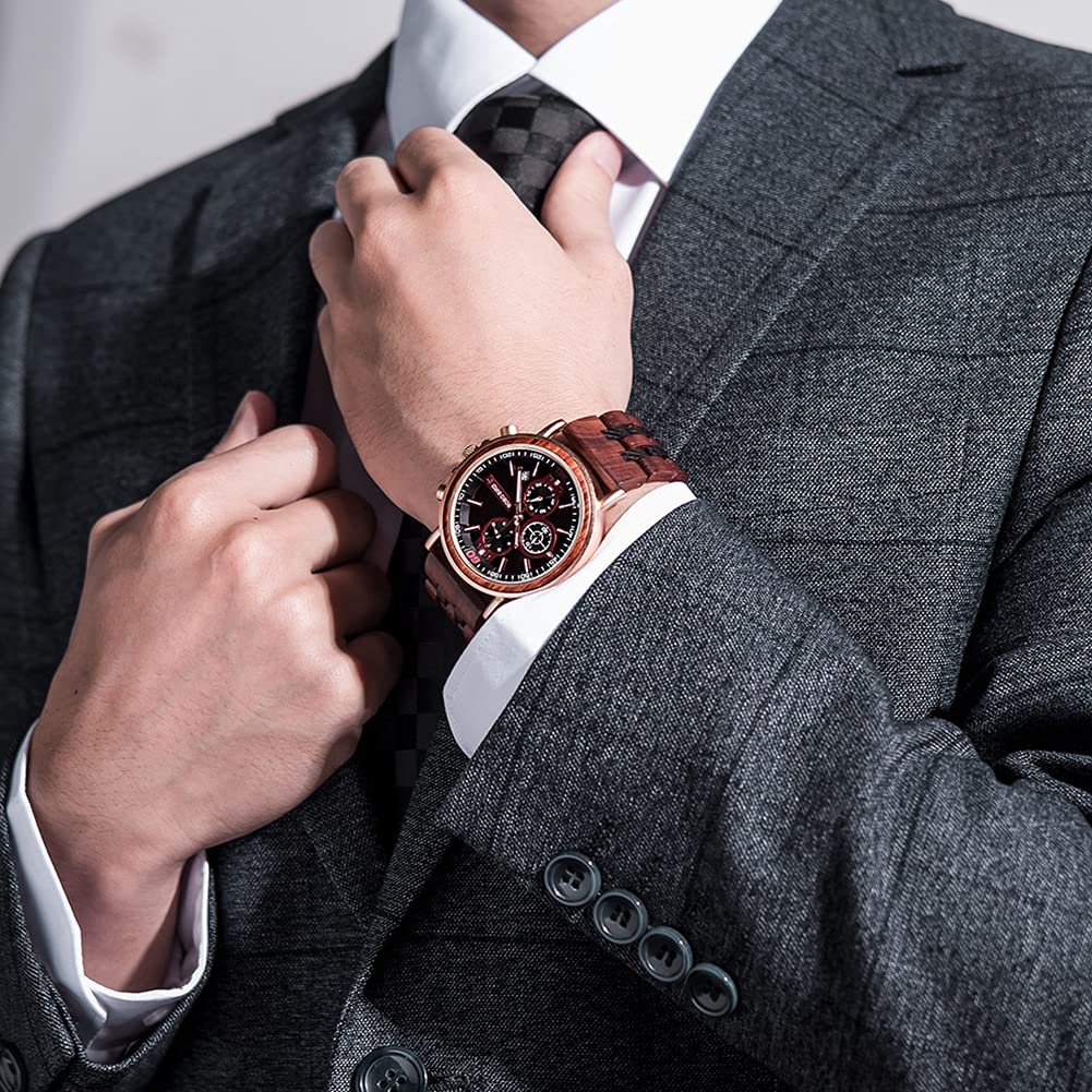 Relojes de Madera para Hombre, Reloj Casual de Negocios con Sub-Esfera AnalóGica de Cuarzo, Pantalla de Fecha CronóGrafo Manecillas Luminosas, Correa de Madera Ajustable