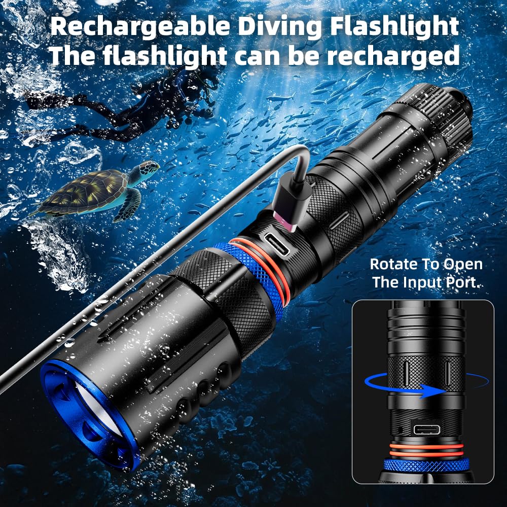 Torcia subacquea, 2000 lumen, torcia subacquea a LED, ricaricabile, impermeabile, luce sottomarina per immersioni notturne in grotte profonde