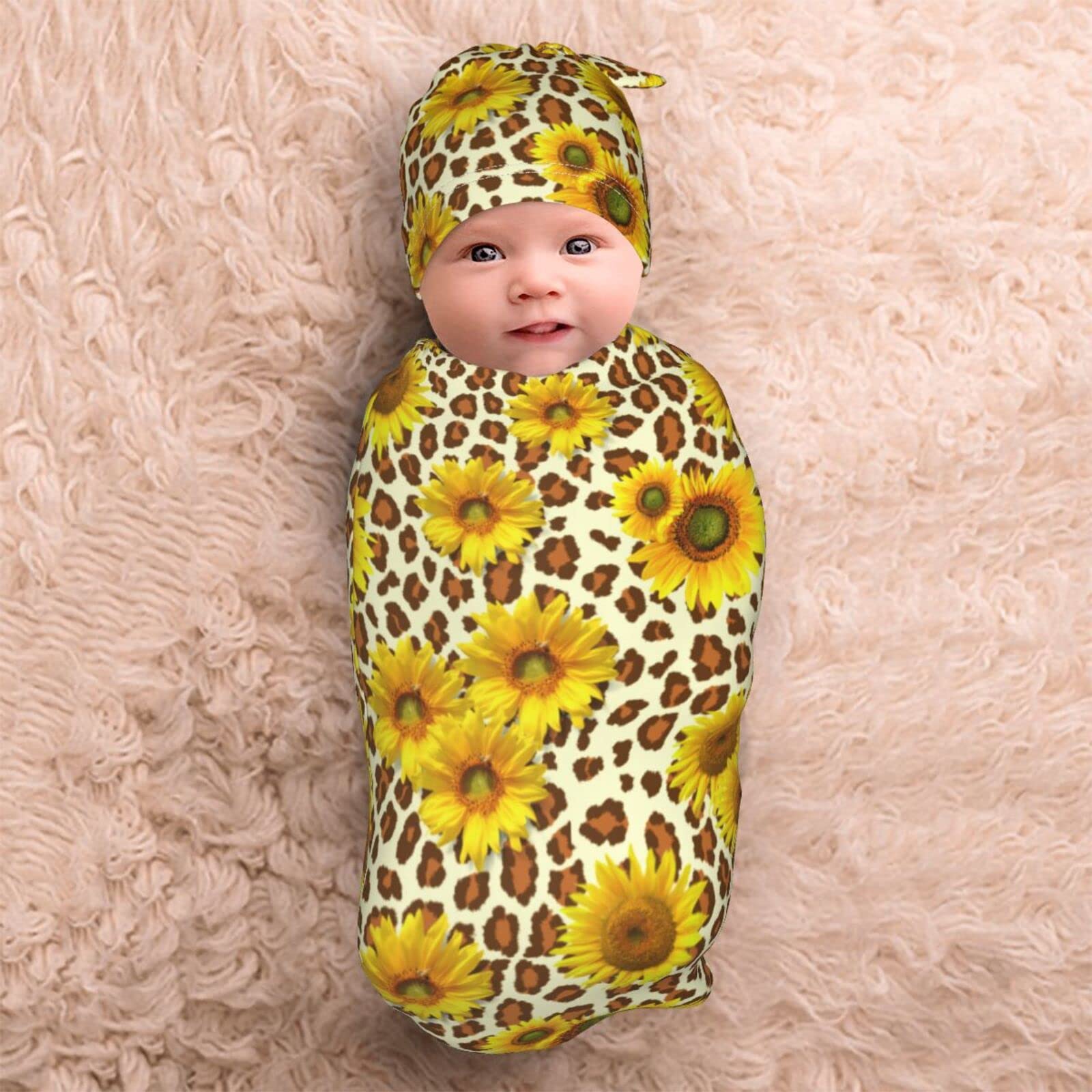 Muishi Sunflower Newborn Swaddle Blanket & Hat Set - Soft Receiving Blanket For Baby Boy Or Girl - View #3