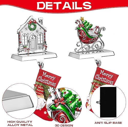 Miniatura 10 de GUOER Juego de 4 soportes de calcetines de Navidad con copos de nieve para manto, decoraciones navideñas, decoración de chimenea de Navidad,