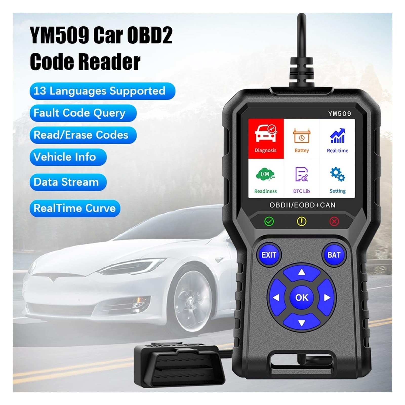 Lector de códigos de coche Lector de códigos ODB2 Herramienta de diagnóstico de automóviles Escáner OBD 2 Escáner OBD2 Borrar códigos de error YM509 Multi idiomas Compatible con varios idiomas