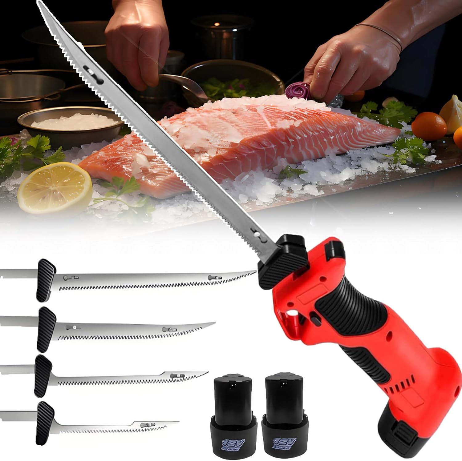 Pro-Grade Electric Fillet Knife with Fast Charging - Cordless Reciprocating Fish Filet/Meat Knife, 4 Titanium Coated Blades,2 Batteries, Non-Slip Handle for Precision Cuts