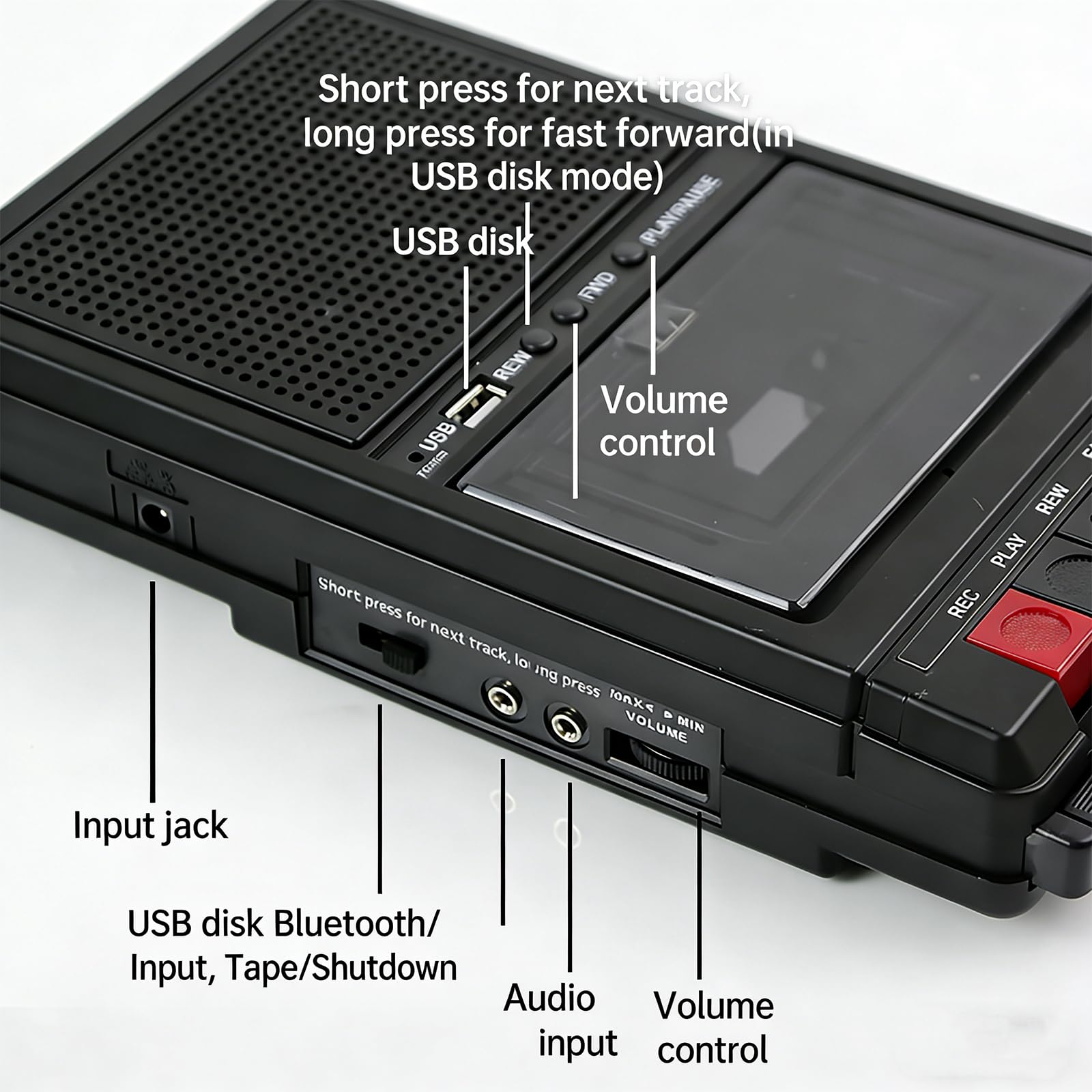 Lecteur de cassette rétro portable, lecteur de cassette Bluetooth avec fonction d'enregistrement, numérisation de cassettes via USB et audio, lecteur de cassette mobile avec double alimentation