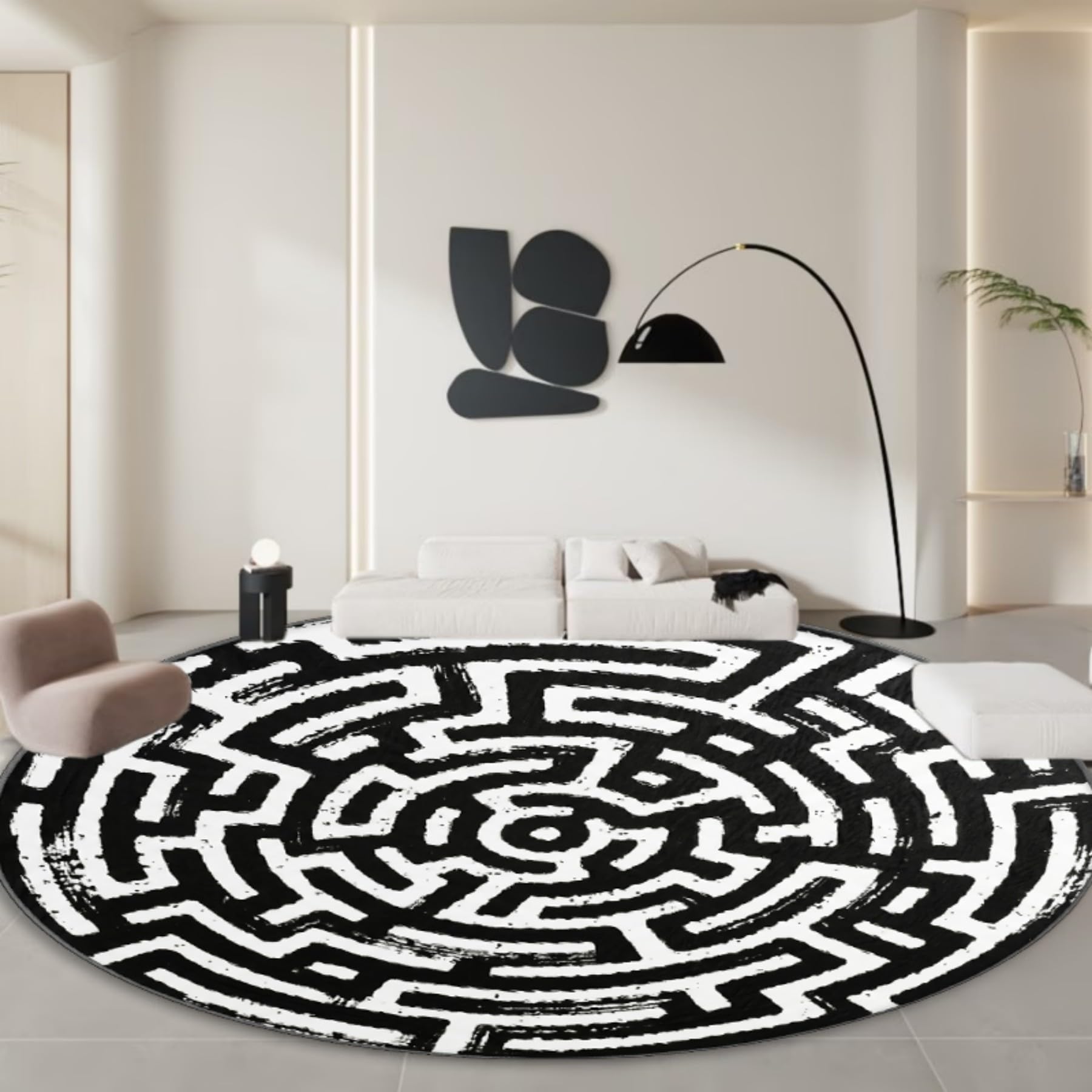 WAOTMN Soft Low Pile Round Rugs, 180cm, Modern Geometry Area Rug, Machine Washable Black and White Carpets for Living Room Entryway High-Traffic Area Large Circular Rug