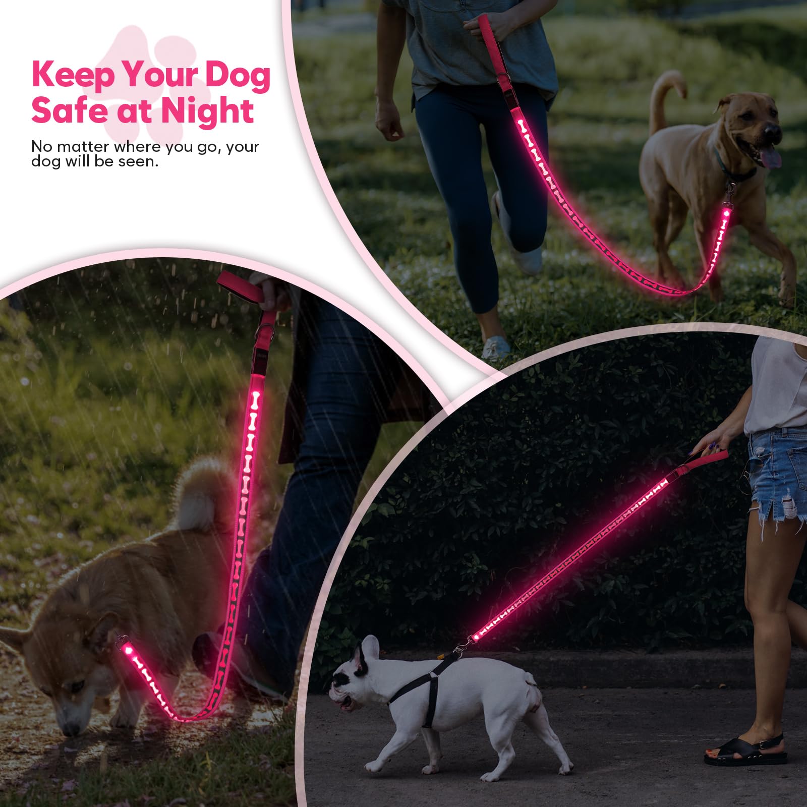Flashseen Guinzaglio per cani luminoso, 1,2 m, LED con luce di tipo C, ricaricabile, in nylon, luci di sicurezza per cani per passeggiate notturne (rosa)