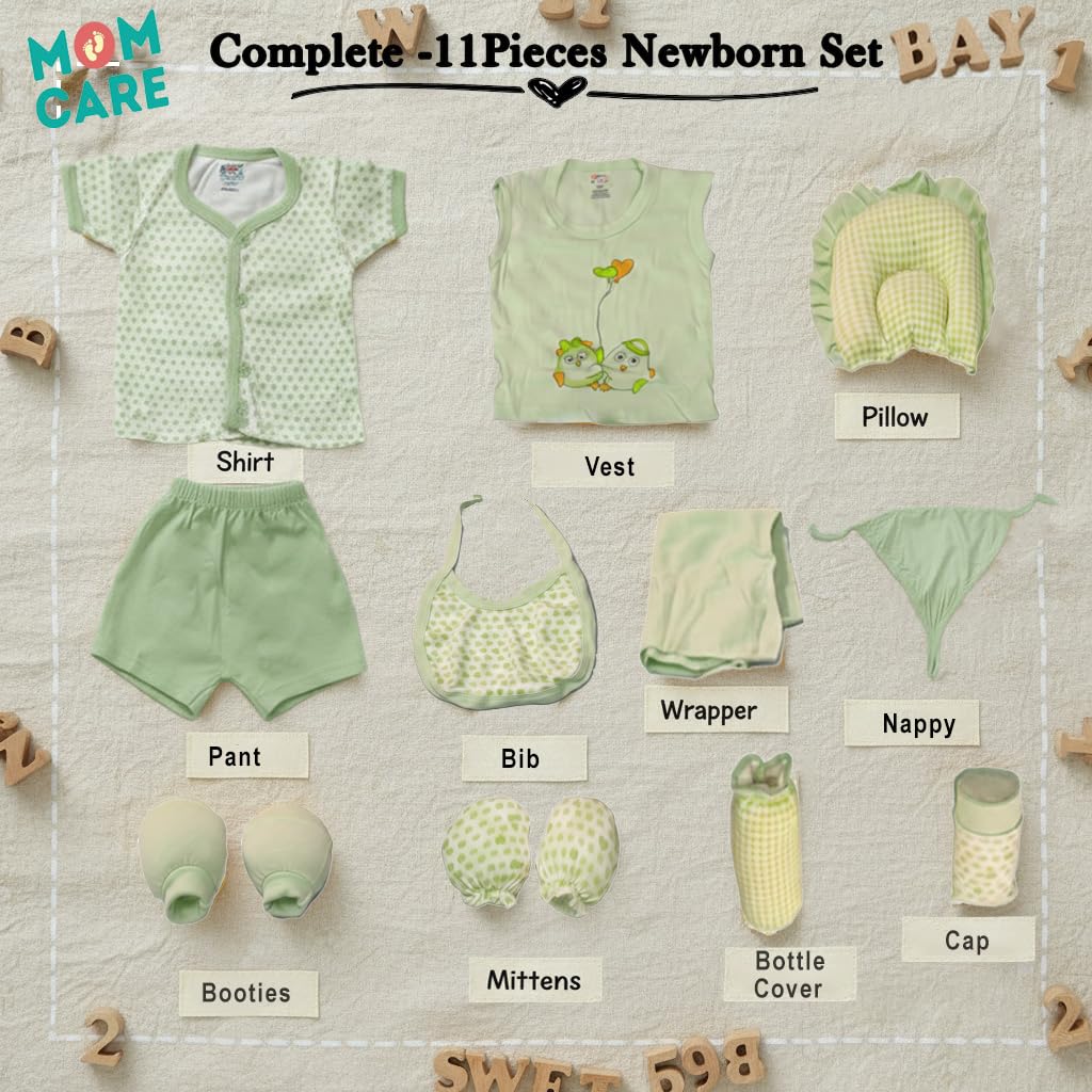 MOM CARE New Born Baby Clothes 0-3 Months | 11 Piece Baby Gift Set | 100% Cotton Newborn Clothing with Bib, Mittens, Booties & Towel | Baby Clothes Set 0-3 Months | Green 2