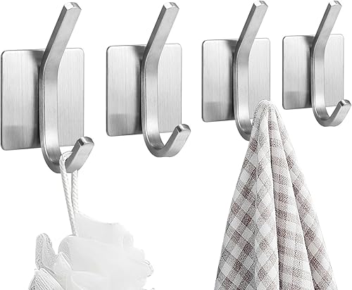 AOZBZ Ganchos adhesivos, paquete de 4 ganchos de acero inoxidable para toallas de montaje en pared, ganchos adhesivos resistentes para colgar