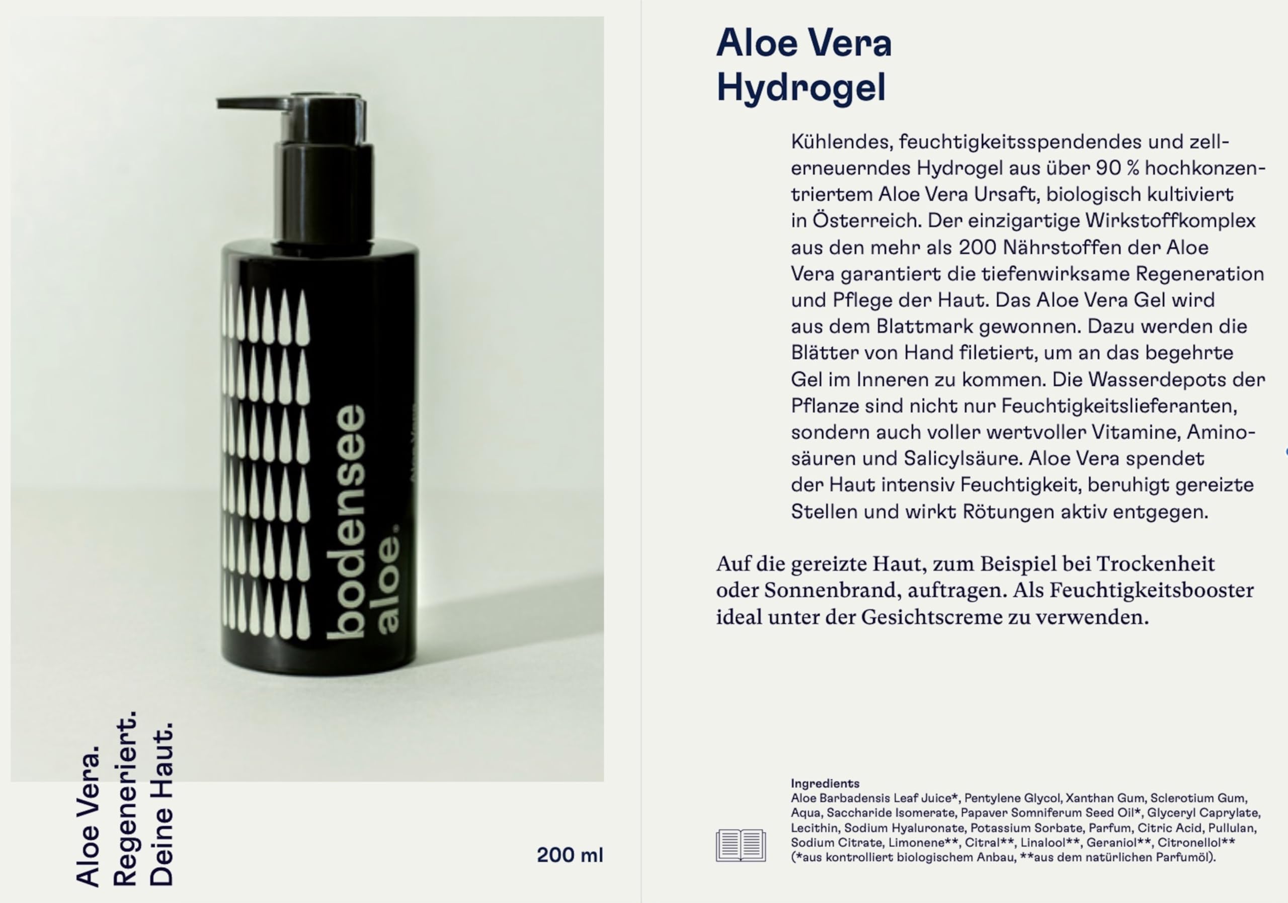 Hydrogel – Bio Aloe Vera Gel aus Österreich – Feuchtigkeitspflege für Gesicht, Körper & Haare – natürlich, vegan, ohne Zusatzstoffe – zellerneuernd, kühlend, hautberuhigend – 200ml