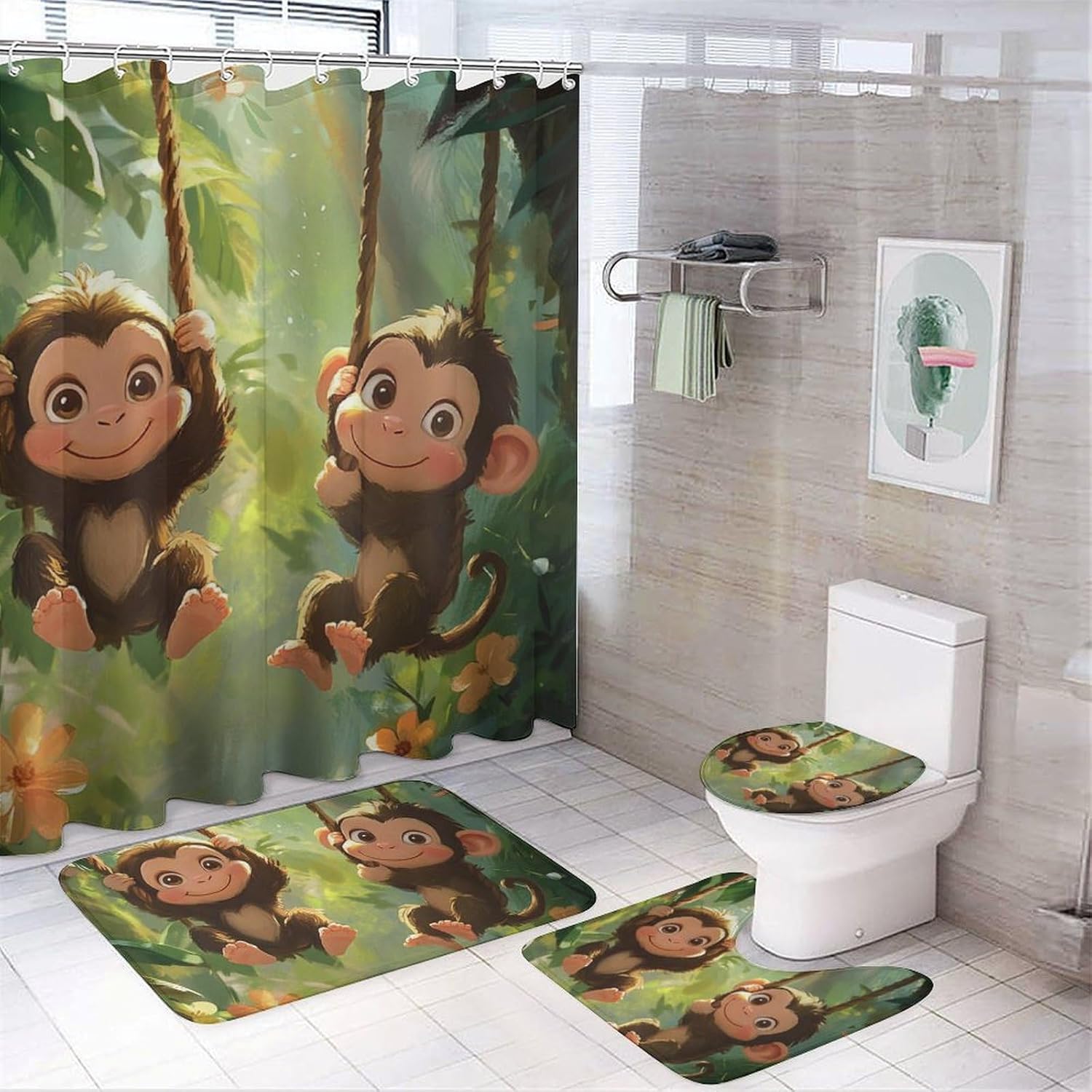 4Pcs Cute Monkey Animal Shower Curtain Set with Rugs, Toilet Lid Cover and Bath Mat, Tropical Floral Tree Forest Bathroom Curtains Decor Shower Curtains, 72" x 72"