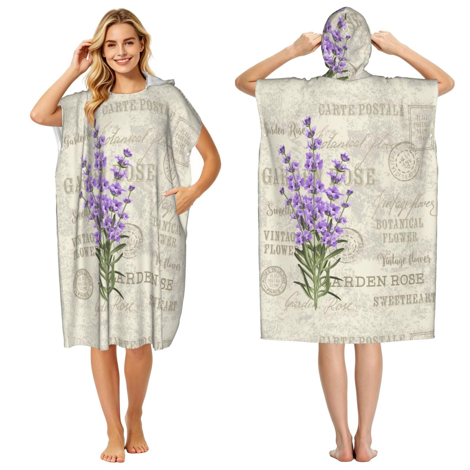 Poadnly Retro Lavender Stamp, Adult Hooded Beach Towel 90 x 110 cm,Changing Bath Robe, Surf Poncho Towel For Women Men