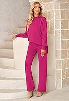 Vista 7 de Linsery Conjunto de suéter de 2 piezas para mujer, cuello alto, suéter de punto de pierna ancha, sudadera casual