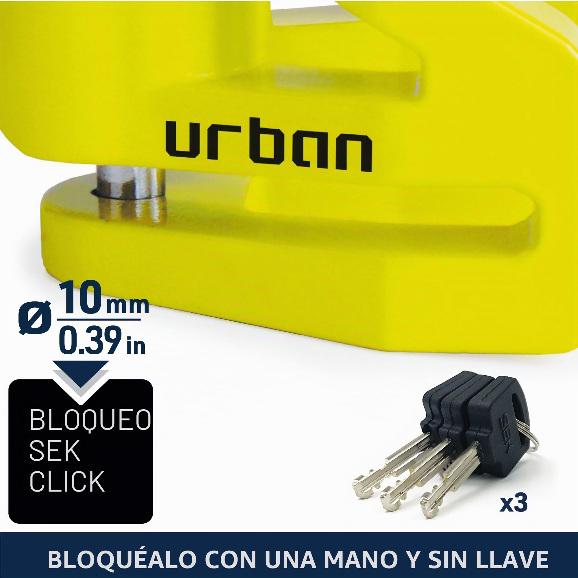 Urban UR206Y Candado Moto Disco, Más Visible Más Disuasorio, ø6mm Diseño Ligero, Seguridad Compacta y Eficaz, Antirrobo Bloqueo Pinza Disco Freno Universal para Moto, Bicicleta, Patinete Electrico