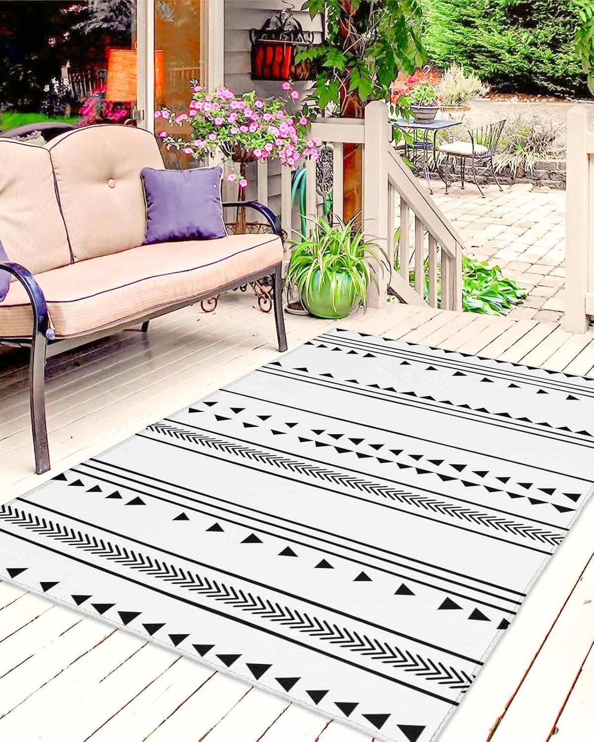 Outdoor Rug Mats,Boho Black White Stripe Triangle Indoor Area Rugs RV Camping Rugs