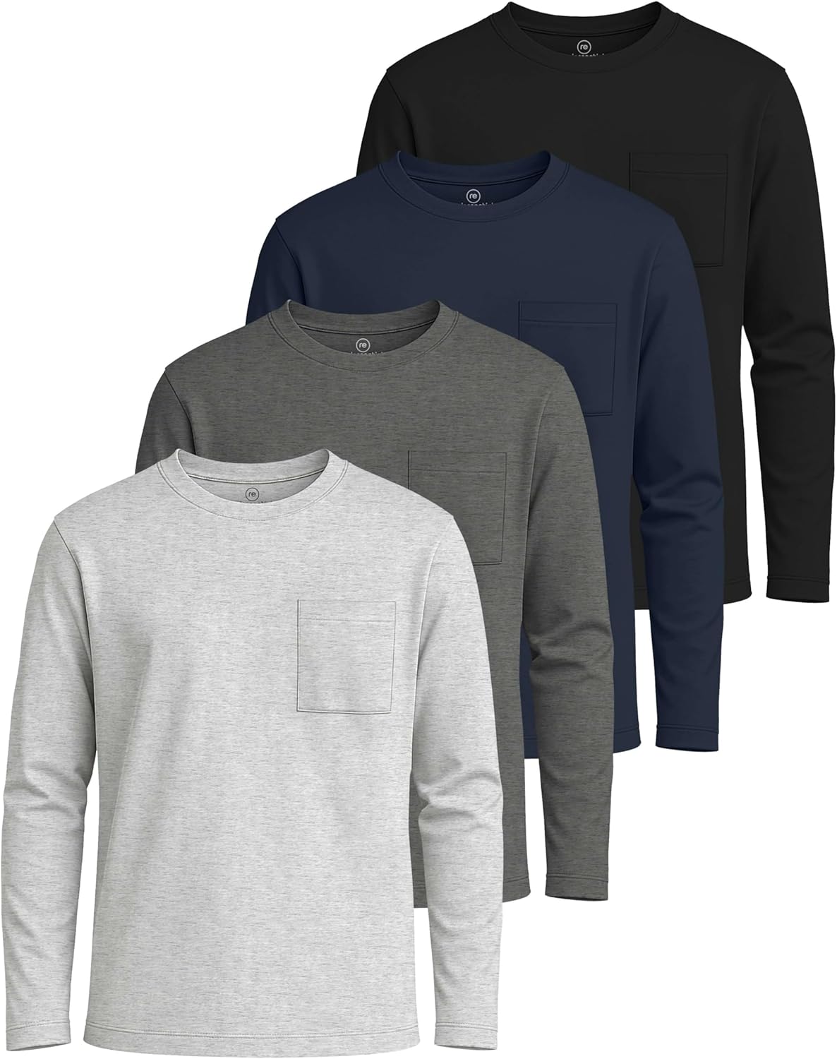 Real Essentials 4 Pack: Boys' Cotton Jersey Long Sleeve T-Shirt with Pocket - Kids Teens Youth Crew Neck Tee Top (Ages 4-16)