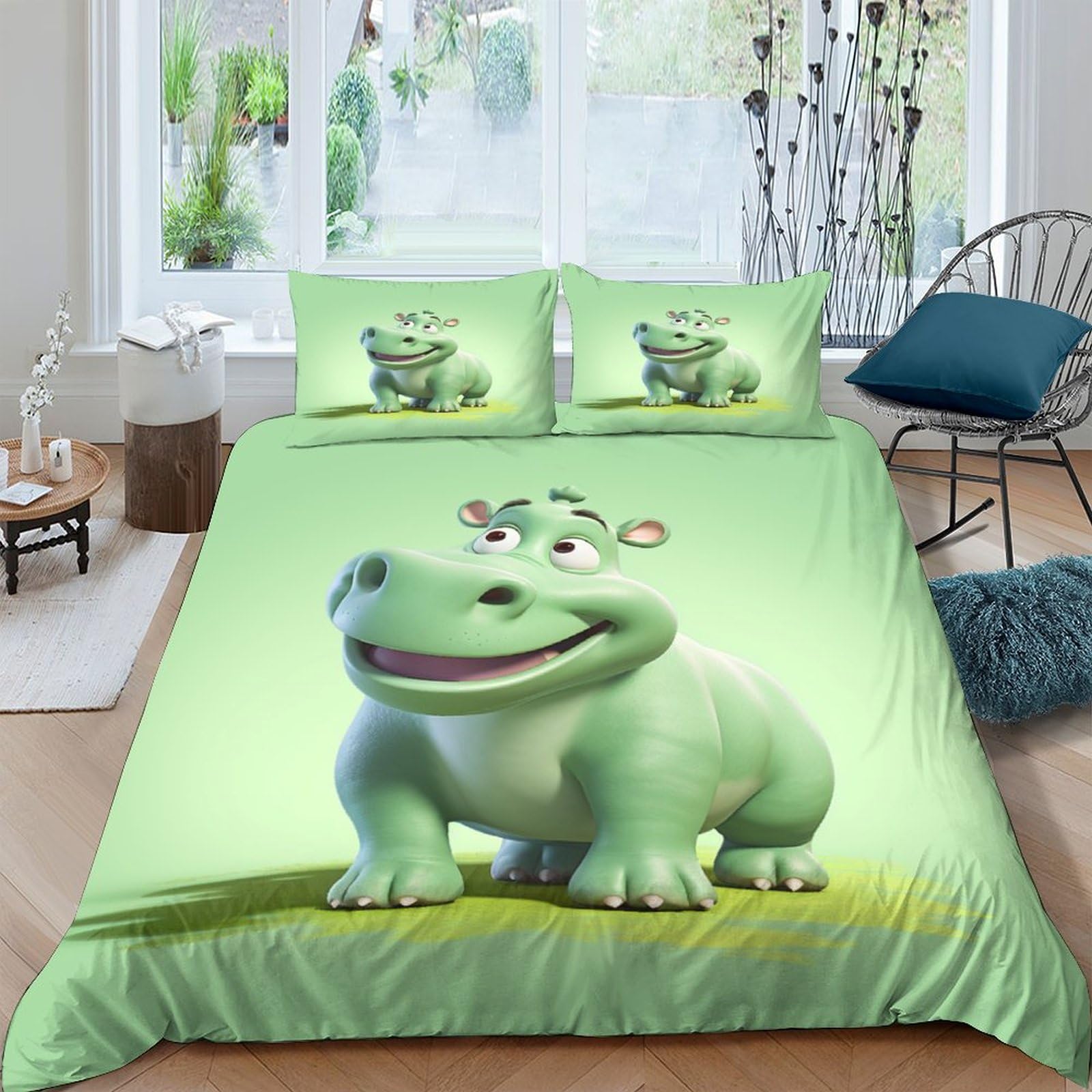 Parure de lit hypoallergénique et ultra douce à motif hippopotame 220x240