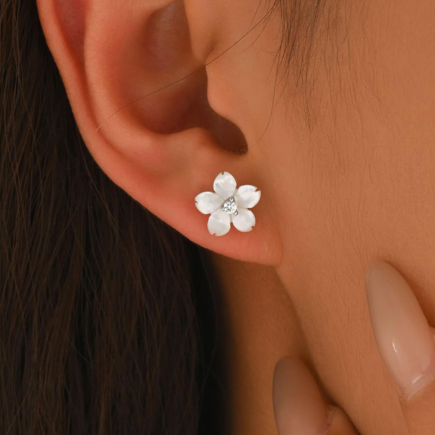 Valentines Day Gifts Shell Pearl Flower Stud Earrings for Women 925 Sterling Silver Hypoallergenic Cute Floral CZ Earring to Daughter Mom Dainty Hibiscus Earring Birthday Wedding Jewelry Gift - Image 2