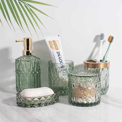 Miniatura 4 de Juego de 5 accesorios de baño de vidrio verde para baño, dispensador de loción, jabonera, soporte para cepillos de dientes, vaso, frascos de hisopos