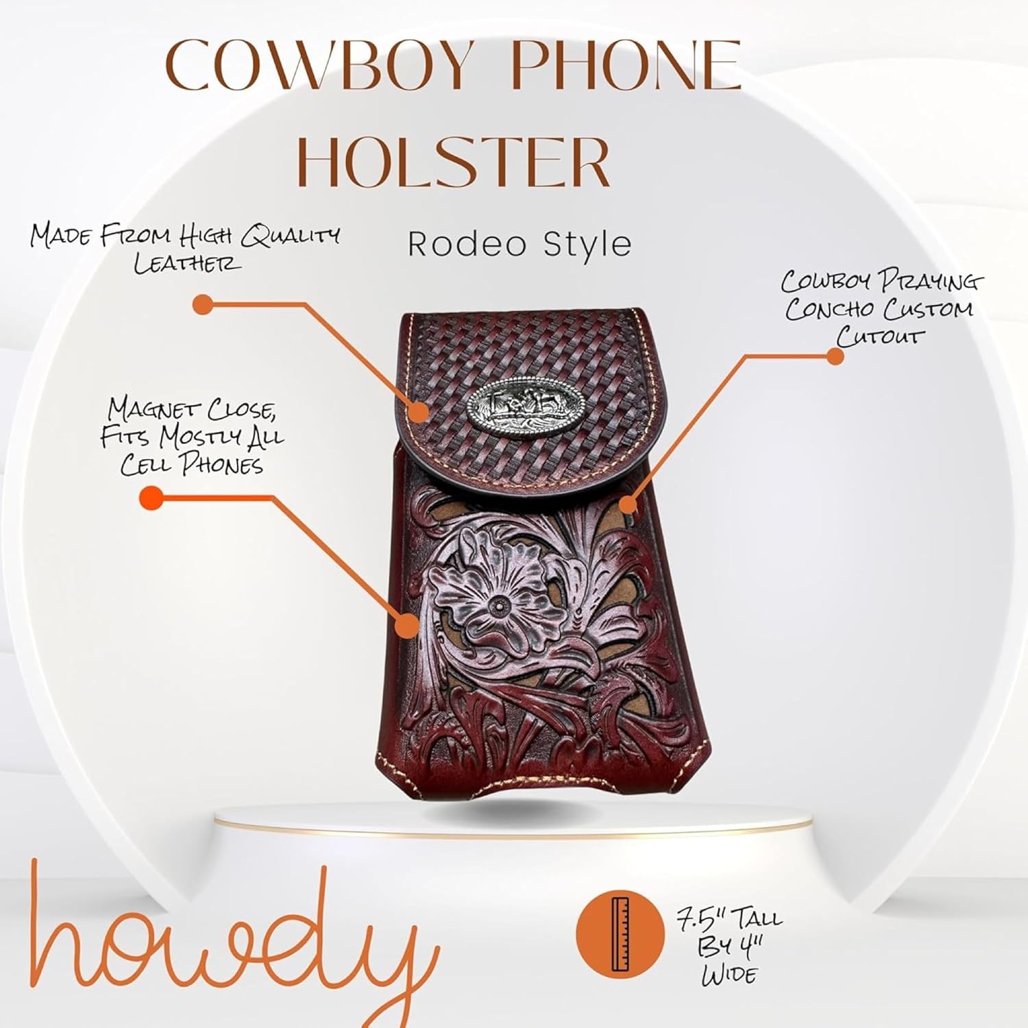 Cowboy Prayer Leather Holster Brown & Red 7" Western Leather Phone Pouch Handmade Craft Style with Metal Concho Item by Egifthome USA Item# EH12687, Size 7" L x 4" W x 1" h