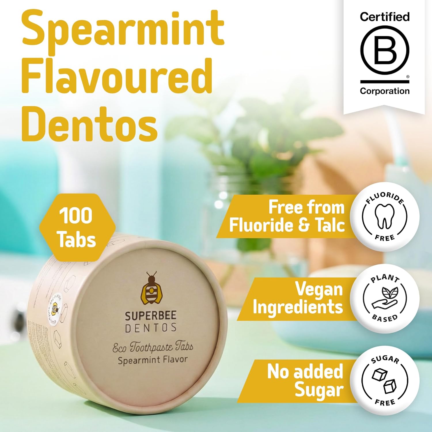 SuperBee Dentos Toothpaste Tablets, 100 Tabs, Fluoride Free & Eco Friendly, Travel Mouthwash Tablets, Sensitive Bites Kids Adults, Chewable Tablet, Spearmint - Image 2