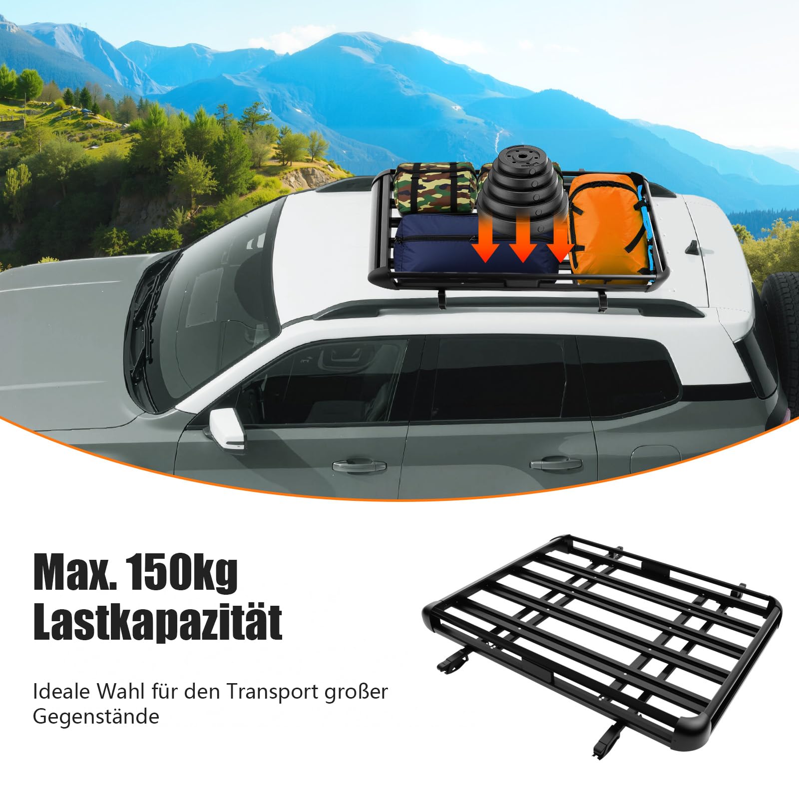 Portaequipajes universal para coche, cesta de techo de aluminio, capacidad de carga de 150 kg, color negro, ancho ajustable para modelos SUV. Barras de techo de 140 cm. Portaequipajes para