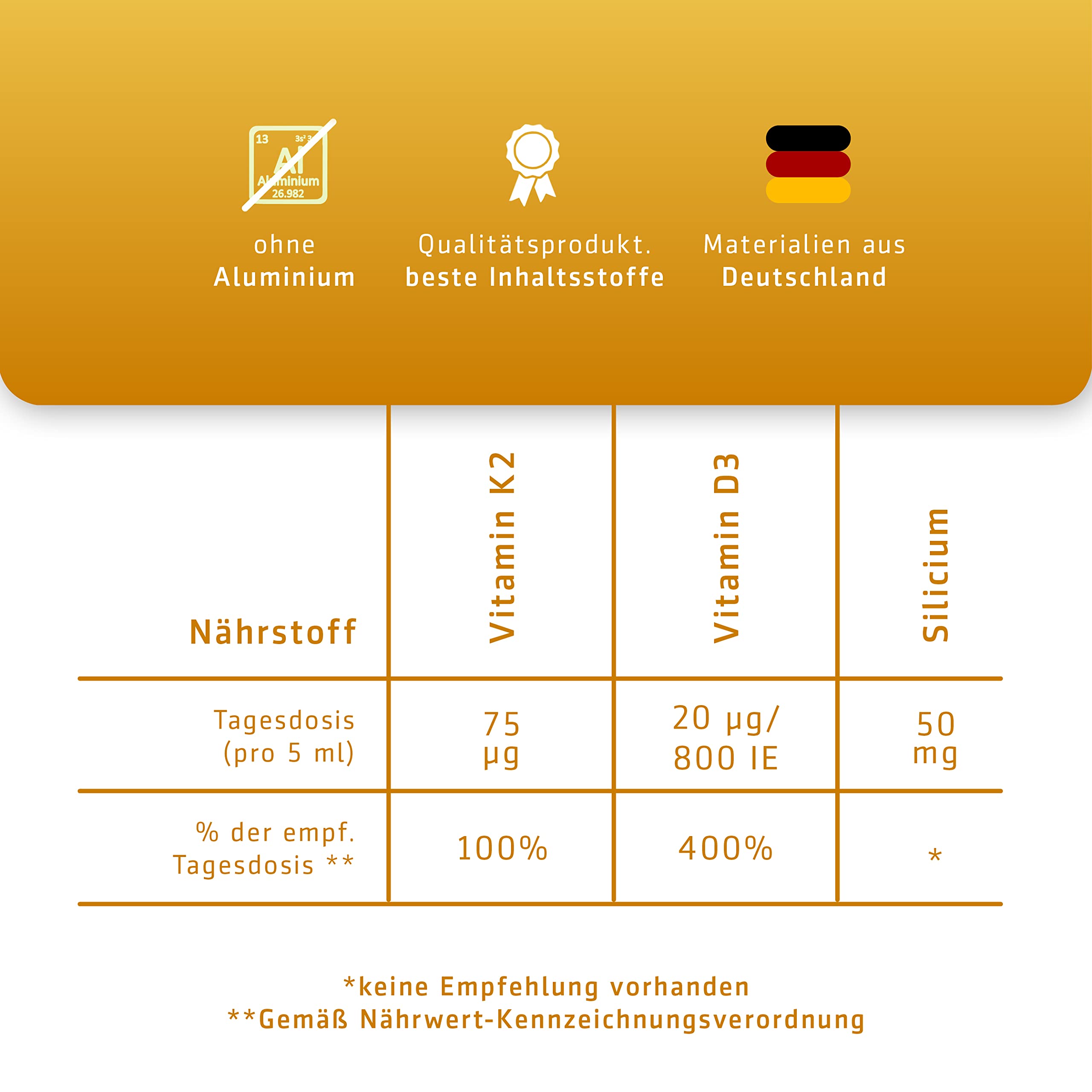 Silicium Liquid - Nahrungsergänzungsmittel flüssig mit hoch bioverfügbarem Silizium, Vitamin K2 & D3, Unterstützt Knochen (D3, K2) & Immunsystem (D3)