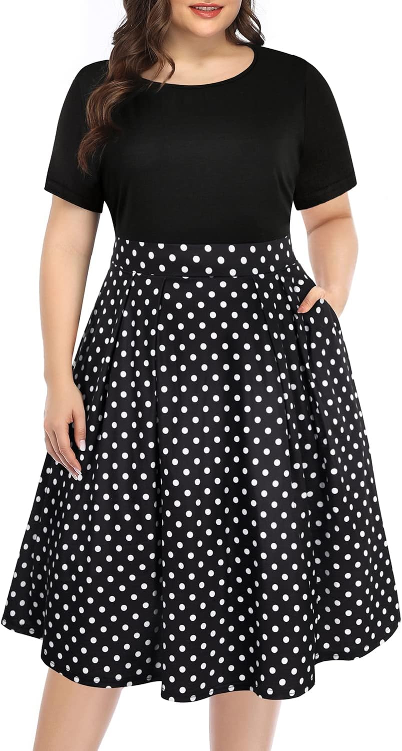 Pinup FashionWomen's Plus Size Midi Dresses Round Neck Summer Casual Party Swing Dress with Pockets