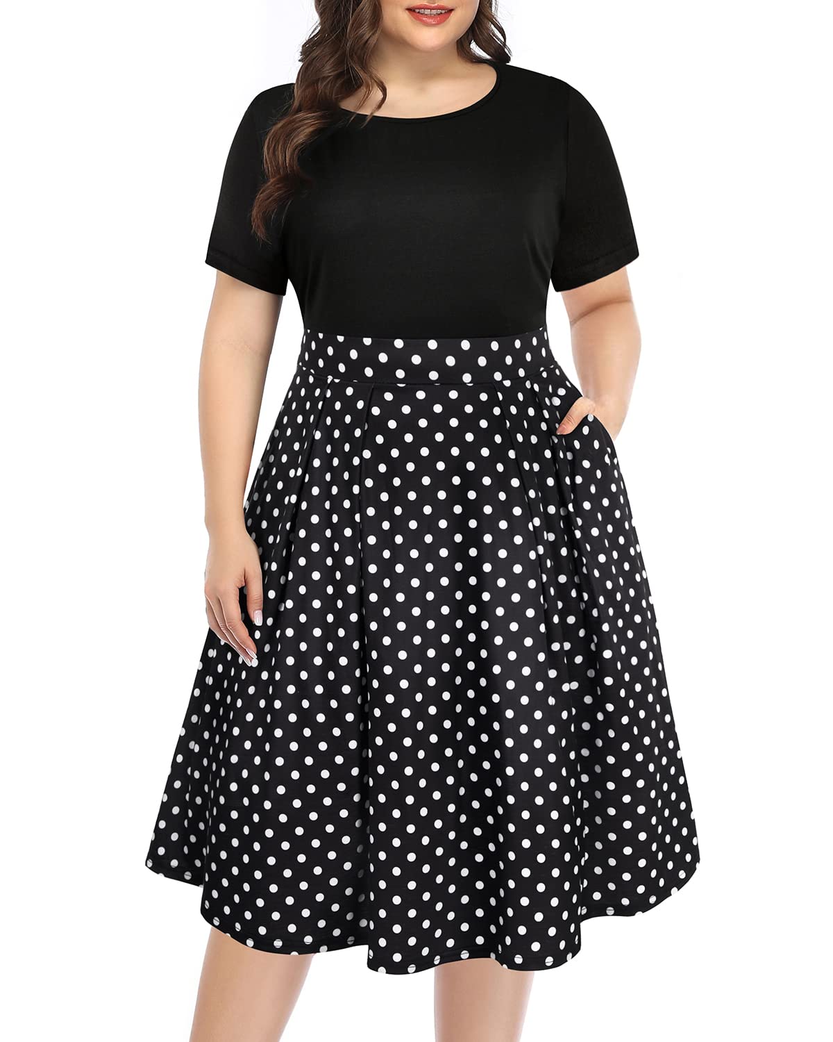 Pinup FashionWomen's Plus Size Midi Dresses Round Neck Summer Casual Party Swing Dress with Pockets