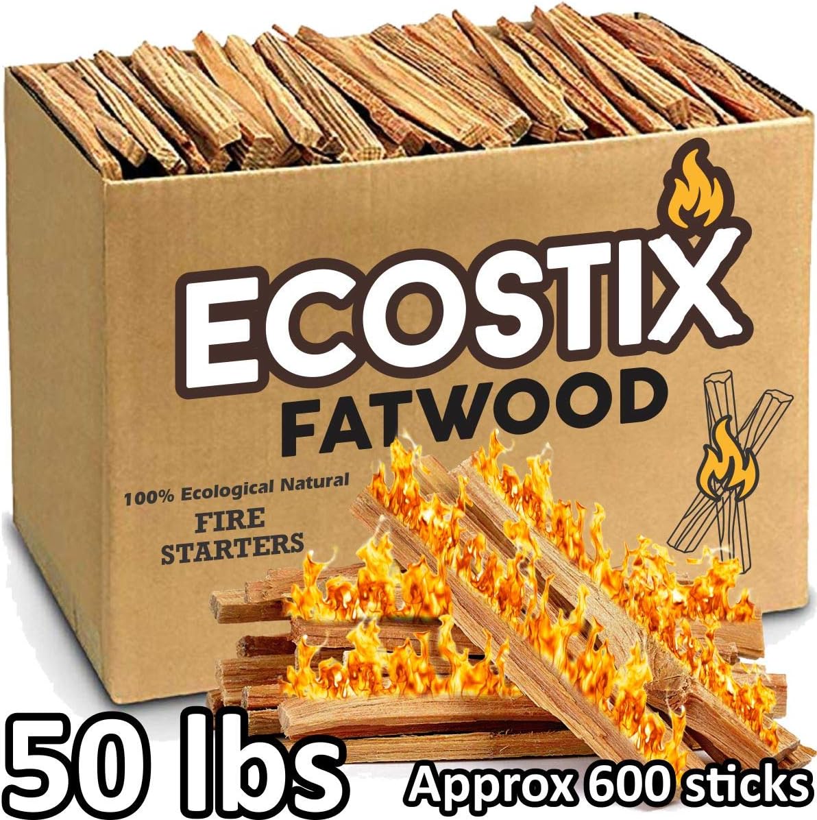 Approx. 120 Eco-Stix Fatwood Fire Starter Kindling Firewood Sticks – 100% Organic – Firestarter for Wood Stoves, Fireplaces, Campfires, Bonfires, Year Round, 50 LB