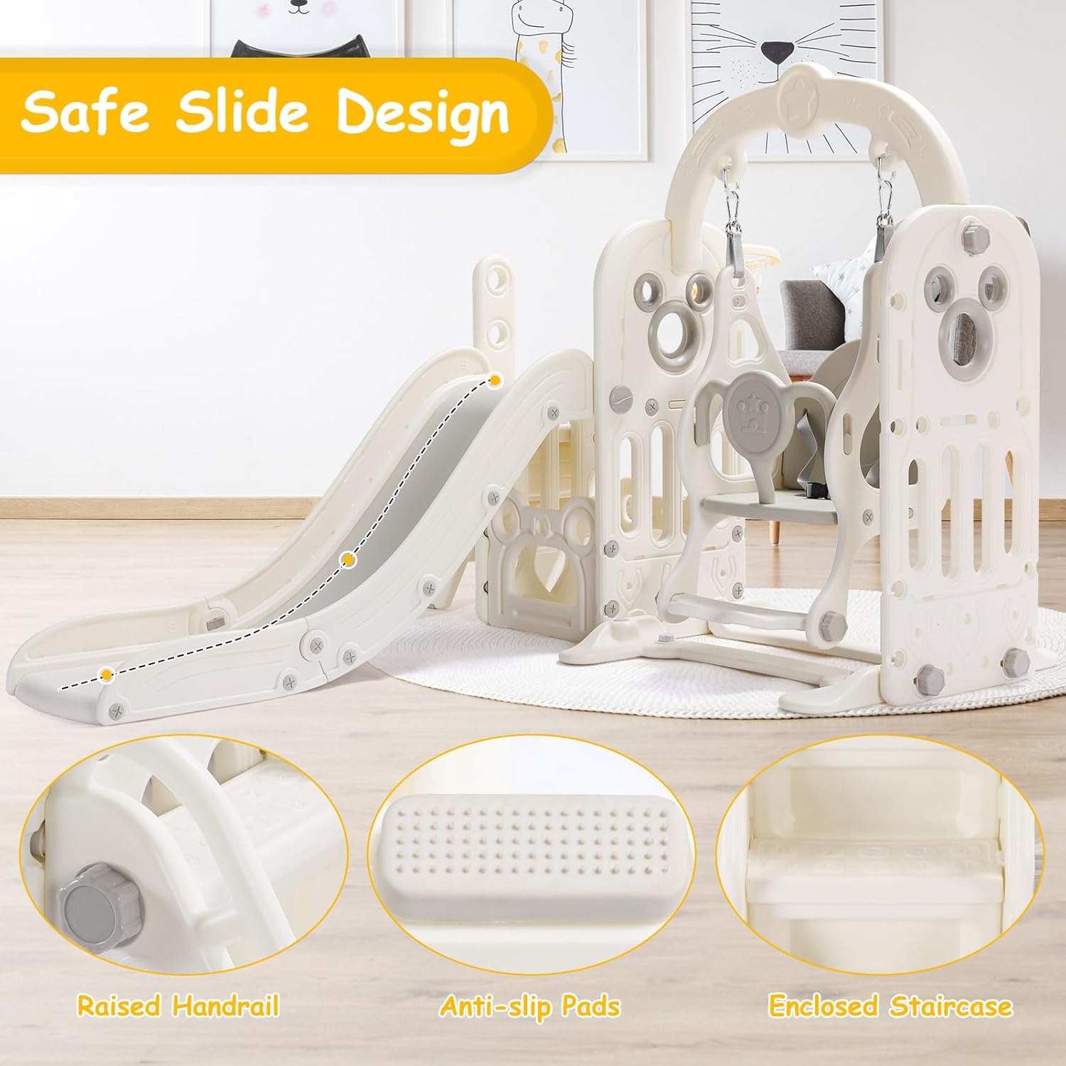 MAMIZO 7 in 1 Toddler Slide and Swing Set, Freestanding Kids Large Climber Playset with Basketball Hoop,Storage Space, Baby Indoor Outdoor Playground for Boys&Girls (White)