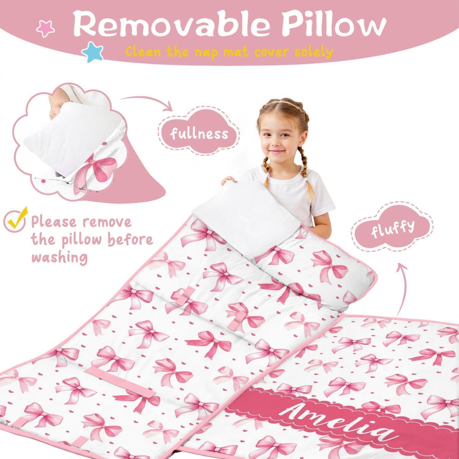 Personalized Bow Toddler Nap Mat for Girls, Customized Kids Sleeping Bag with Name for Preschool Daycare, Bowknot Toddlers Sleeping Mat with Removable Pillow and Blanke, Kid Roll Up Mat