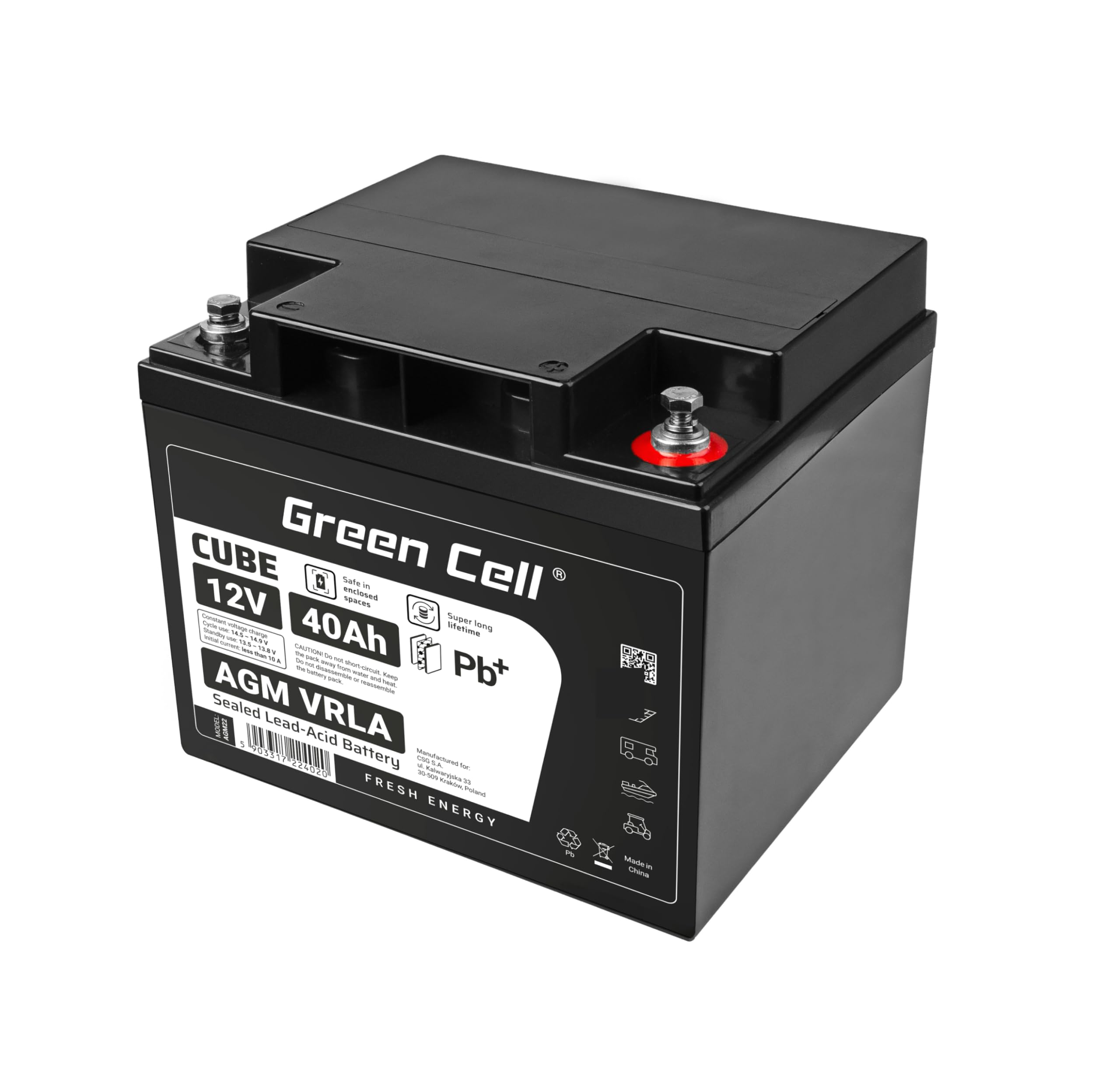 Green Cell AGM 12 V 40 Ah z akumulatorem IP54, z włókniny, VRLA, akumulator ołowiowy, odporny na cykle, bezobsługowy, do przyczep kempingowych, fotowoltaicznych, wózków inwalidzkich, akumulator