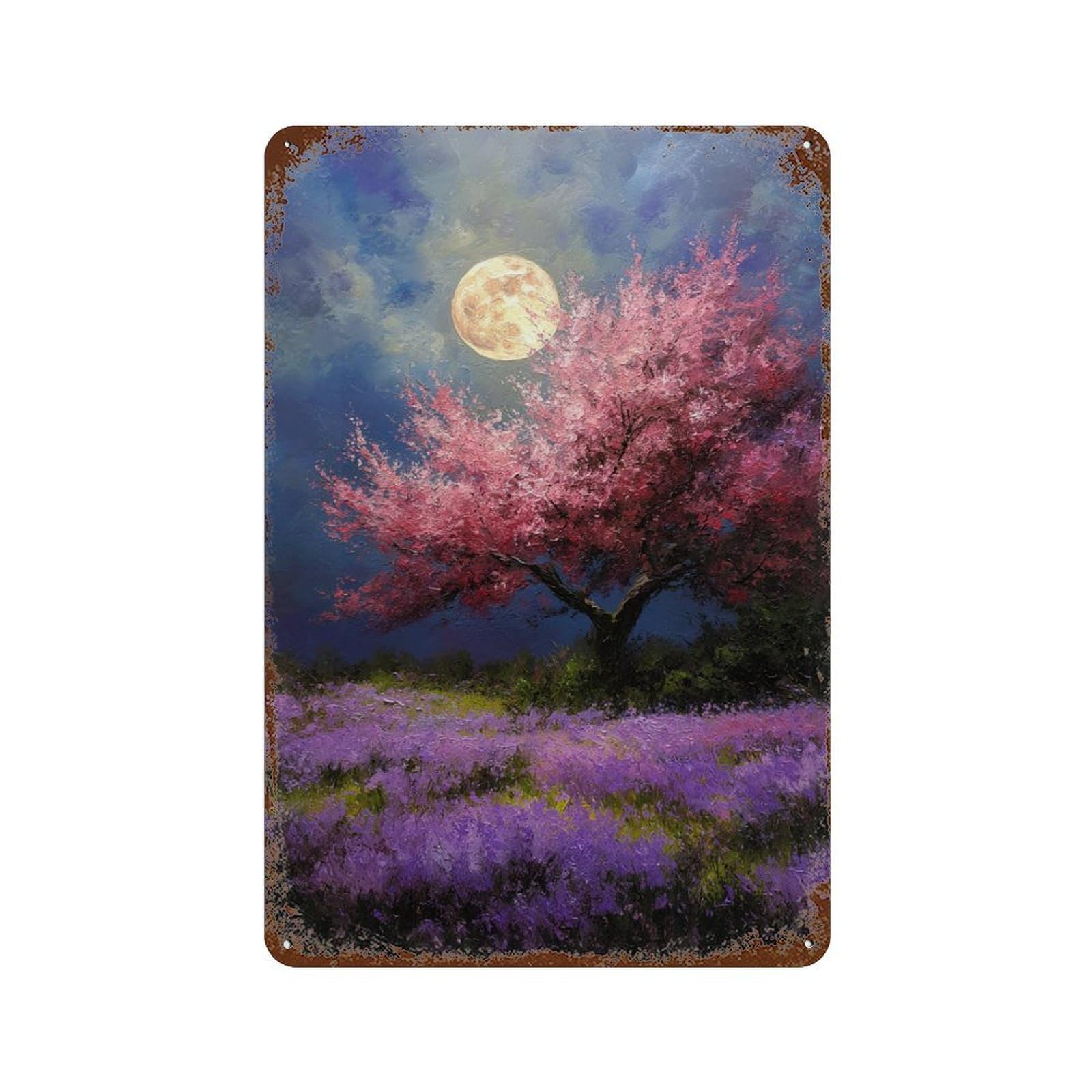 Full Moon Blossom Night Scene Decorative Tin Sign 11.8"x7.9", Classic Wall Plaque for Garage, Pub Or Kitchen
