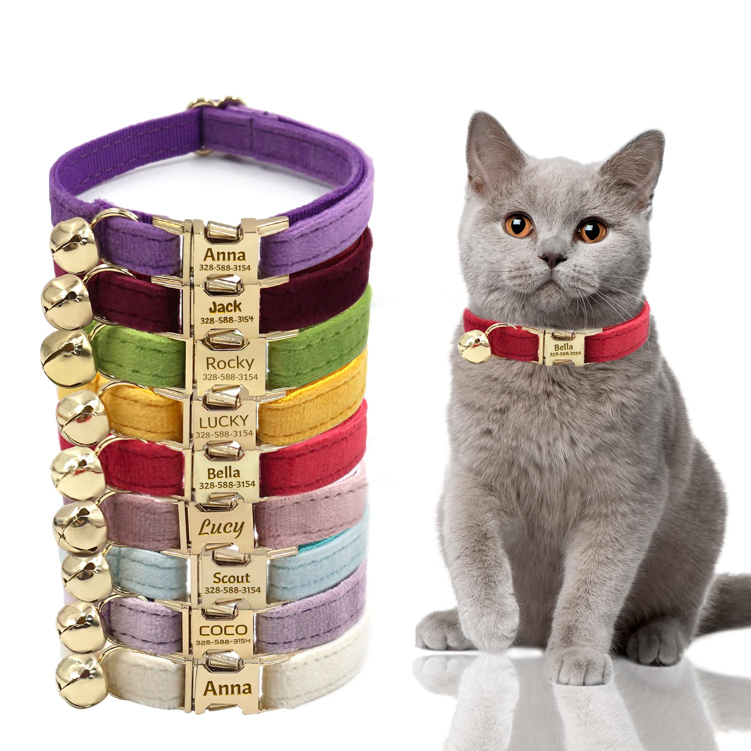 Personalized Cat Collar with Custom Name Plate, Customize Engraved Gold Metal Buckle, Adjustable Velvet Tough Nylon Cat ID Tag Collars with Bell