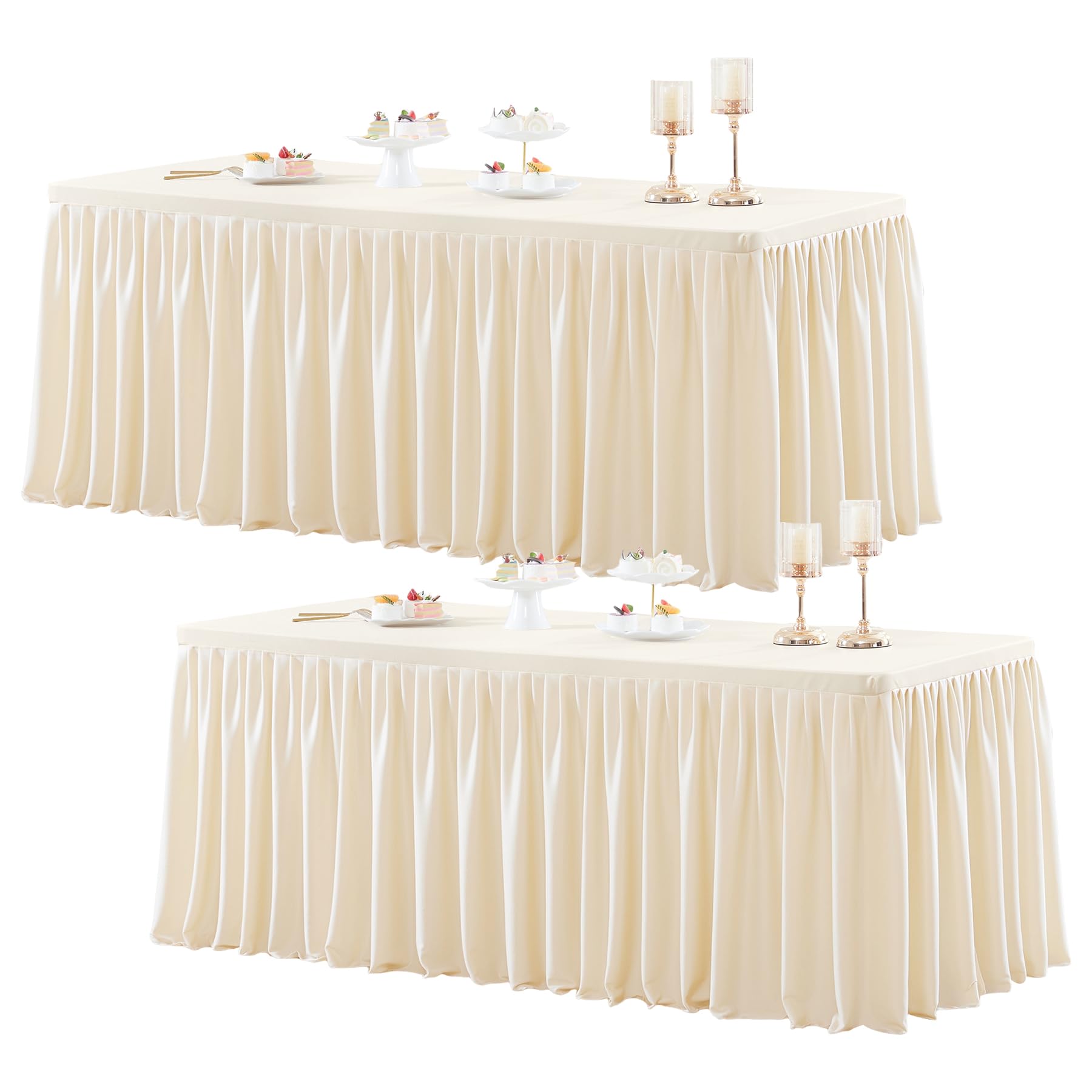 2 Packs Light Champagne Polyester Table Clothes for 6 Foot Rectangle Tables, Wrinkle Free Fitted Table Cover 6ft Stretch Tablecloths with Skirt for