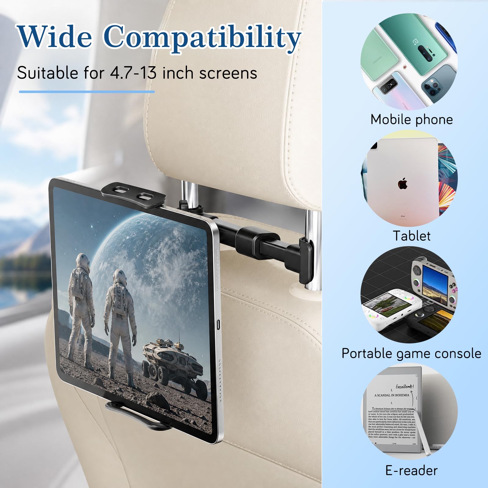 Uchwyt do Tableta na Zagłówek 360° Samochodowy, Teleskopowy dla iPad Switch Kindle 4.7-13 cali
