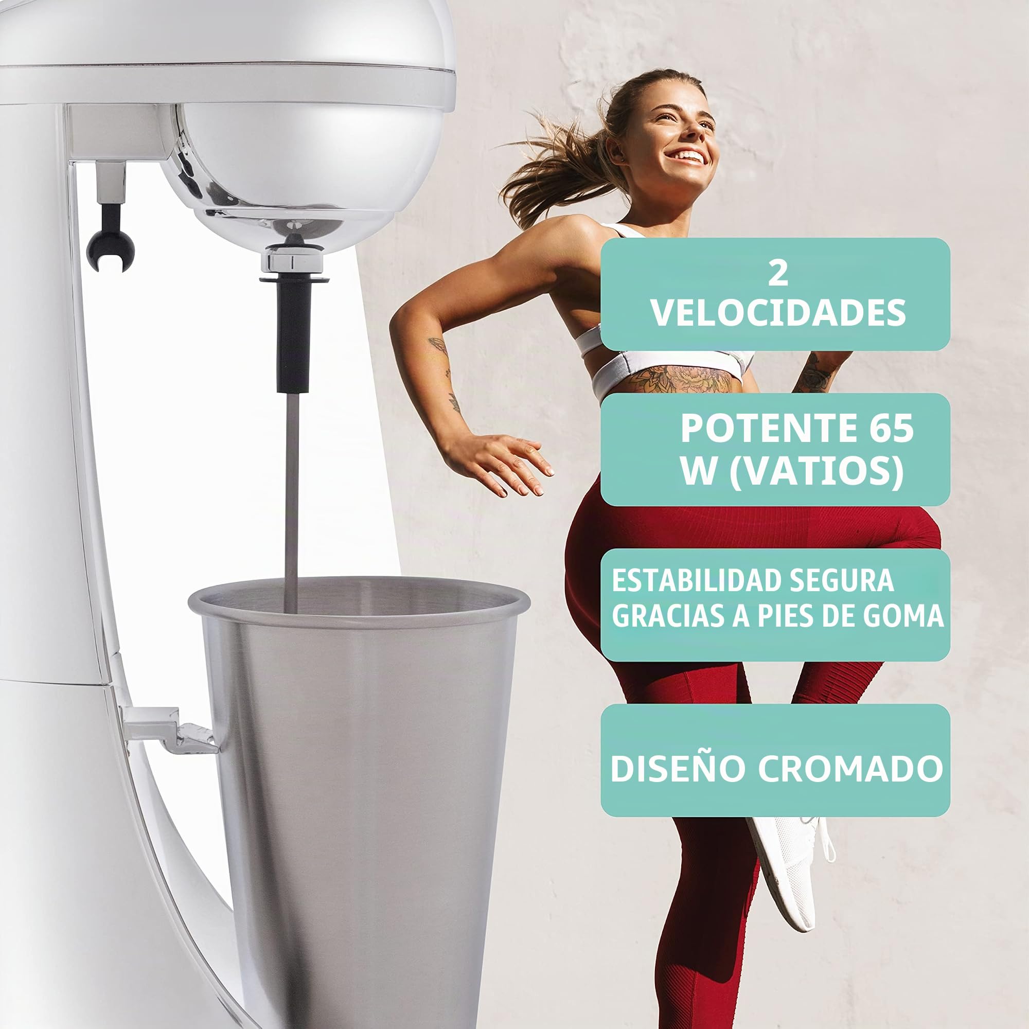 Clatronic® Batidora de bar y espumador de leche en uno, preparador de batidos con recipiente de acero inoxidable de 650 ml y práctico portavasos, batidora con 2 velocidades, 65 W, cromo, BM 3472