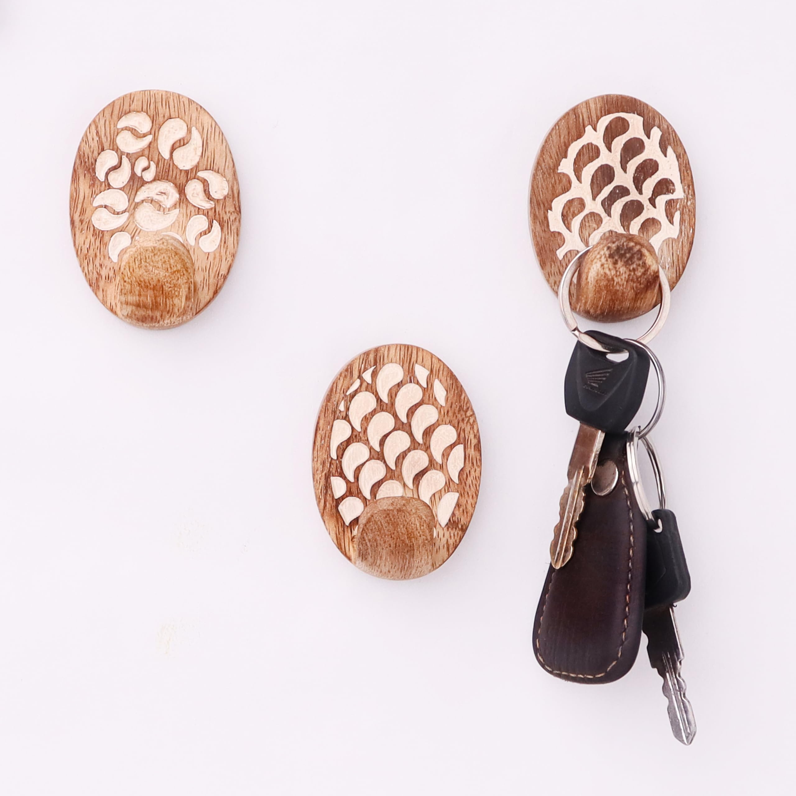 Indian Shelf 3 Hooks, 6 Strips Wood Adhesive Wall Hooks- Decorative Hooks for Hanging- Boho Sticky Coat Hook Wall Mount- Wooden Towel Hook for Bathroom
