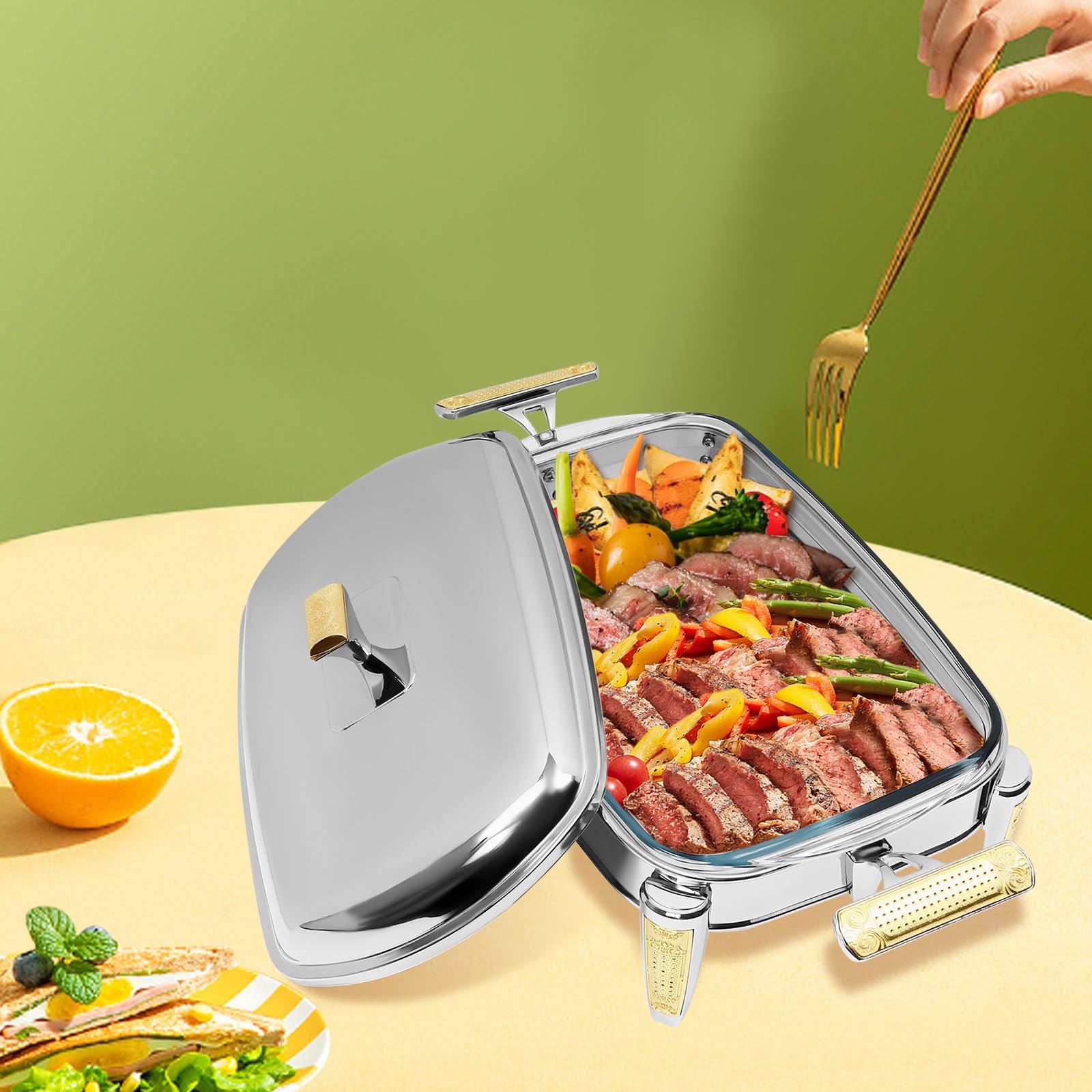 Set di stoviglie rettangolari in argento, per riscaldamento a buffet, contenitore termico per alimenti, 2,2 l, maniglie portatili, copertura in acciaio inox, bordi rotondi, per famiglie, cuc