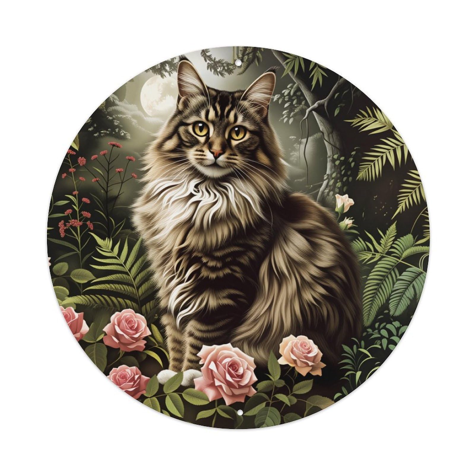 Cat Forest Roses Moonlight Leaves Round Tin Sign Retro Metal Sign for Cafe Bar Pub Home Game Room Gym Club Wall Decoration Vintage Metal Poster 8x8 Inch