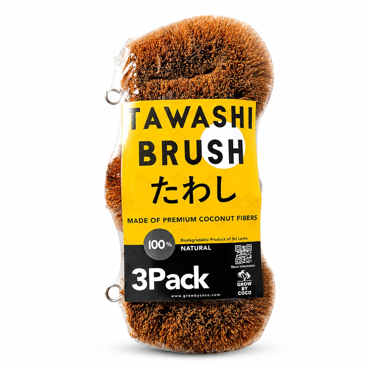 Zestaw 3 pędzli do szorowania warzyw Tawashi, 100% naturalne włókno kokosowe, peeling owocowy, przyjazna dla środowiska alternatywa dla gąbki, japoński design Kamenoko, szorownica do naczyń