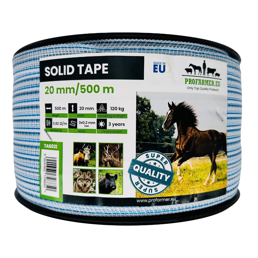 SOLID Weidezaunband 500m / 20mm – Elektrozaunband mit 3x 0,30mm Zinkleitern – weiß-blau – UV-beständig – für Pferde, Rinder, Ziegen, lange Zäune