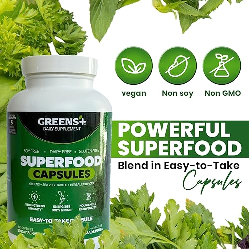 Miniatura 3 de Greens+ Superfood Organic Super Greens Cápsulas vegetales con clorela orgánica, espirulina, alfalfa y pasto de trigo, suplemento mezclado de