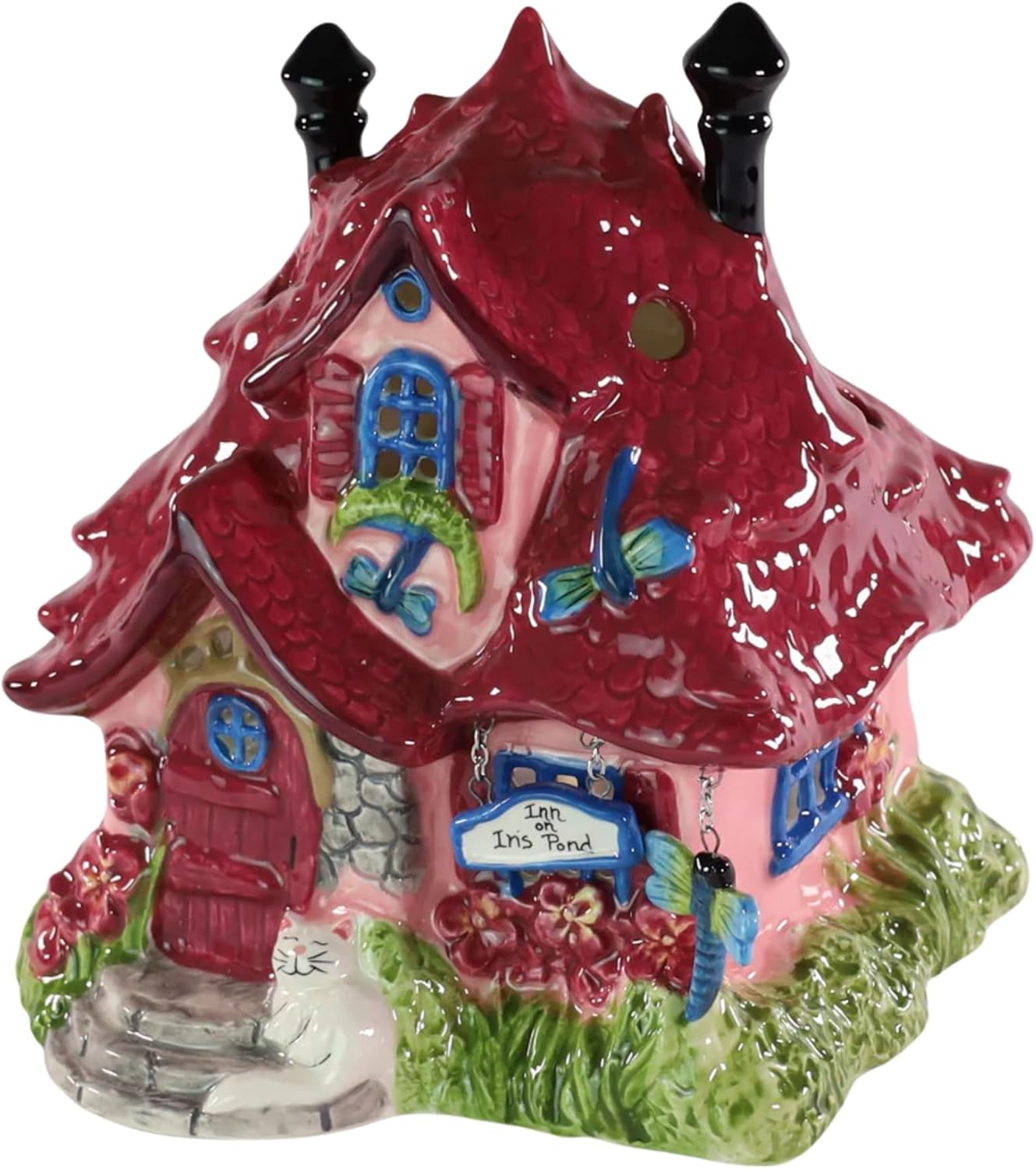 Blue Sky Clayworks Inn on Iris Pond Candle House, Ceramic, 6" D x 6" W x 7" H, Dragonfly Porch Glow