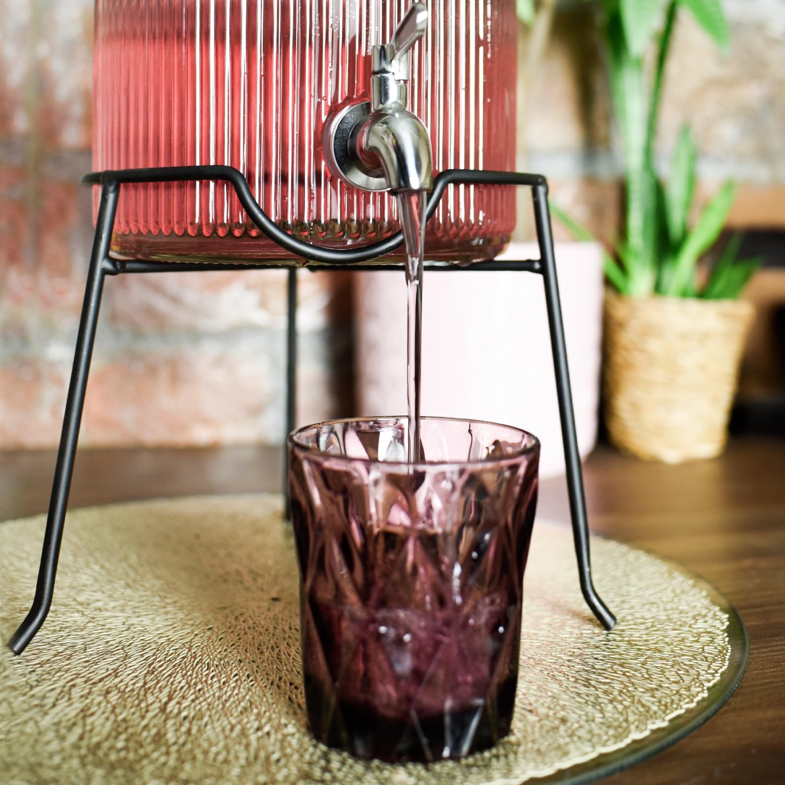 Sendez Dispenser di bevande in vetro da 5 l, con rubinetto in acciaio inox e supporto in metallo, design retrò, robusto ed elegante, perfetto per limonata, tè freddo e feste