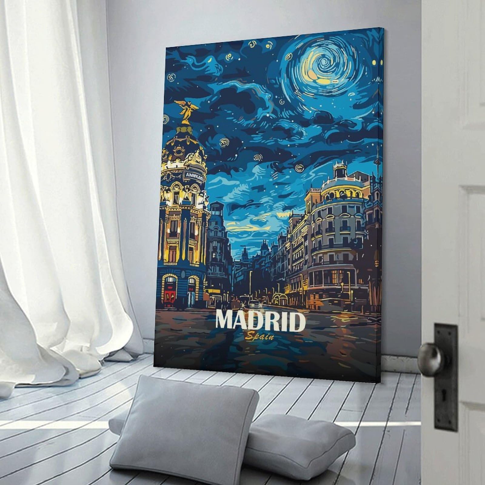Junmoney Madrid Spain Cityscape Night Art Room Decor Wall Art, 24x36inch(60x90cm), for Entrance Walls, Hall Decor Or Foyers, A Neat Decor Update for Hallways