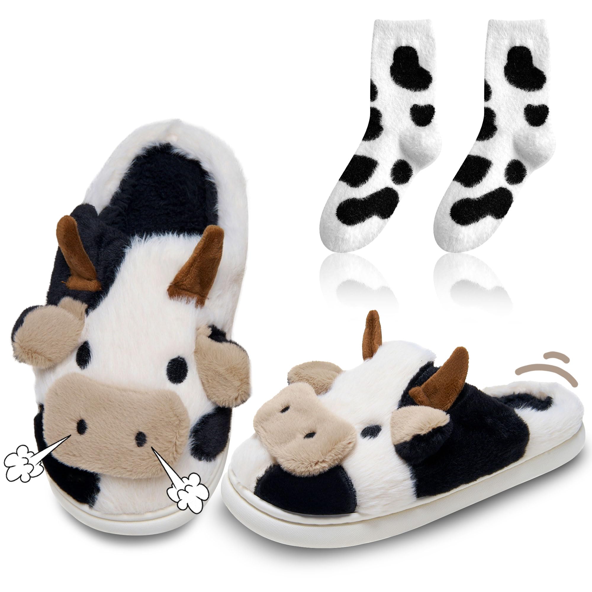 Cartoon Cow Cotton Slippers, Winter Indoor Outdoor Slippers for Women