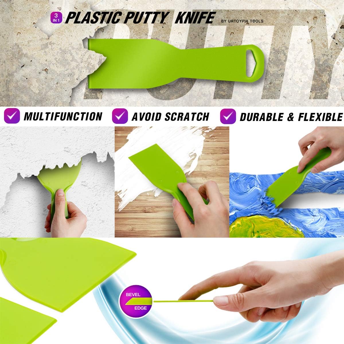 URTOYPIA Plastic Putty Knife Set, Flexible Plastic Paint Scraper Tool for Spackling, Wallpaper Scraper Plastic, Spatula Scraper, Spackle Tools (3-Pack)