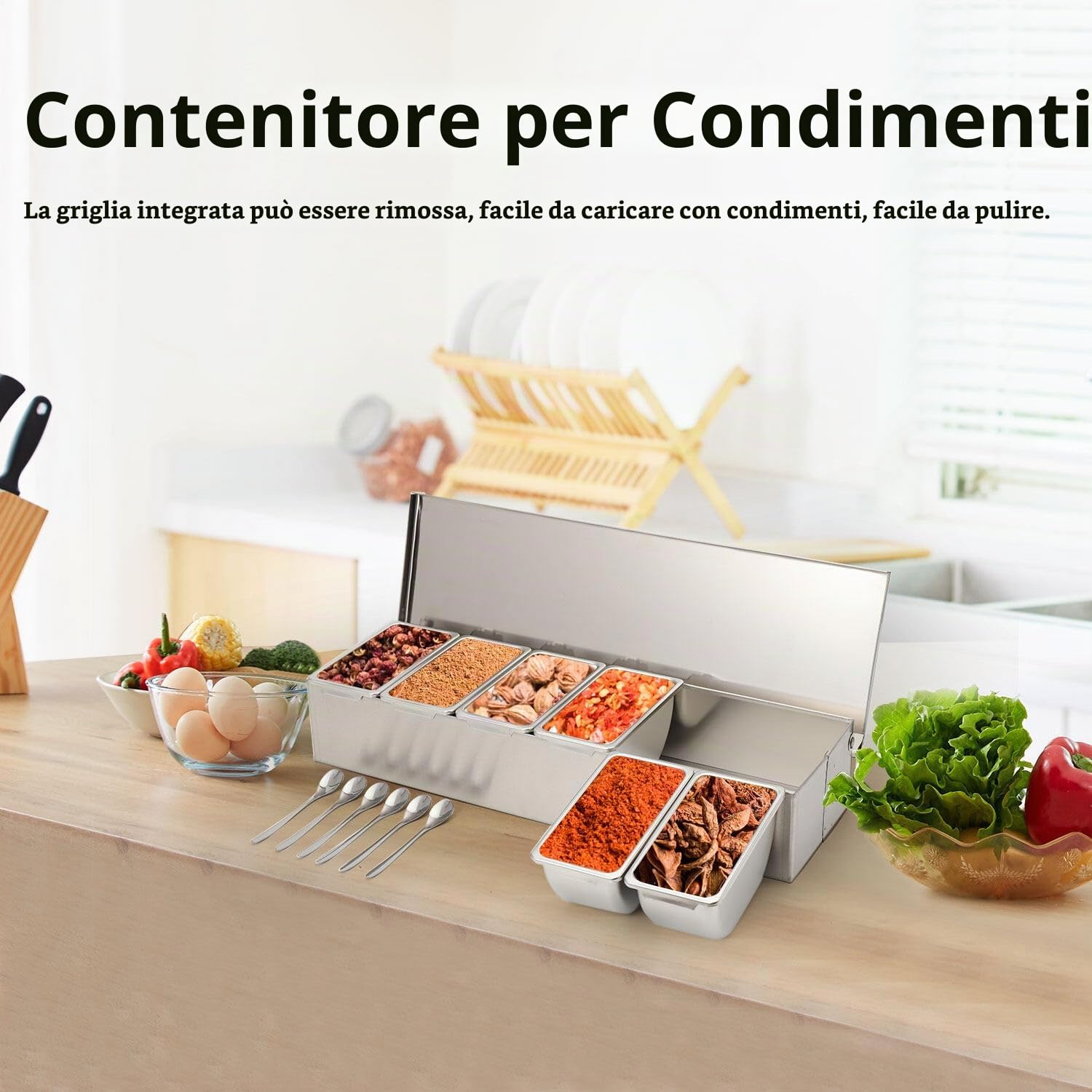 Portacondimenti, Set di 6 Condimento Box Spezia Jar, Sei Scatola di Condimento in Acciaio Inox Estraibili con Coperchio e 6 cucchiai per spezie, sale e zucchero, condimenti, 46x 15cm