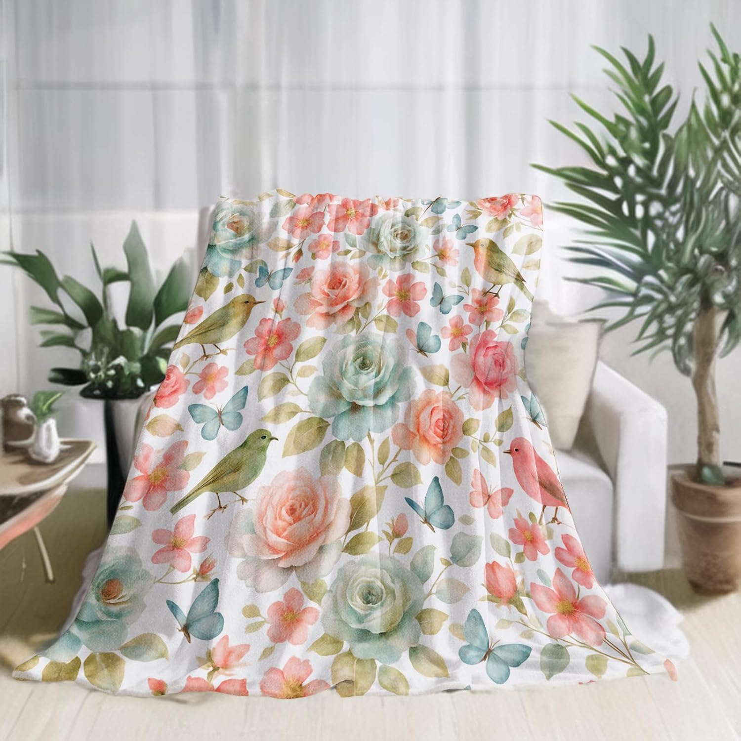 Watercolor Floral Bird Butterfly Flannel Blanket Soft Pastel Rose and Nature Lightweight Blankets 60x50inch Single Sided Print Throw for Sofa Couch Bed Decor Adults Gifts