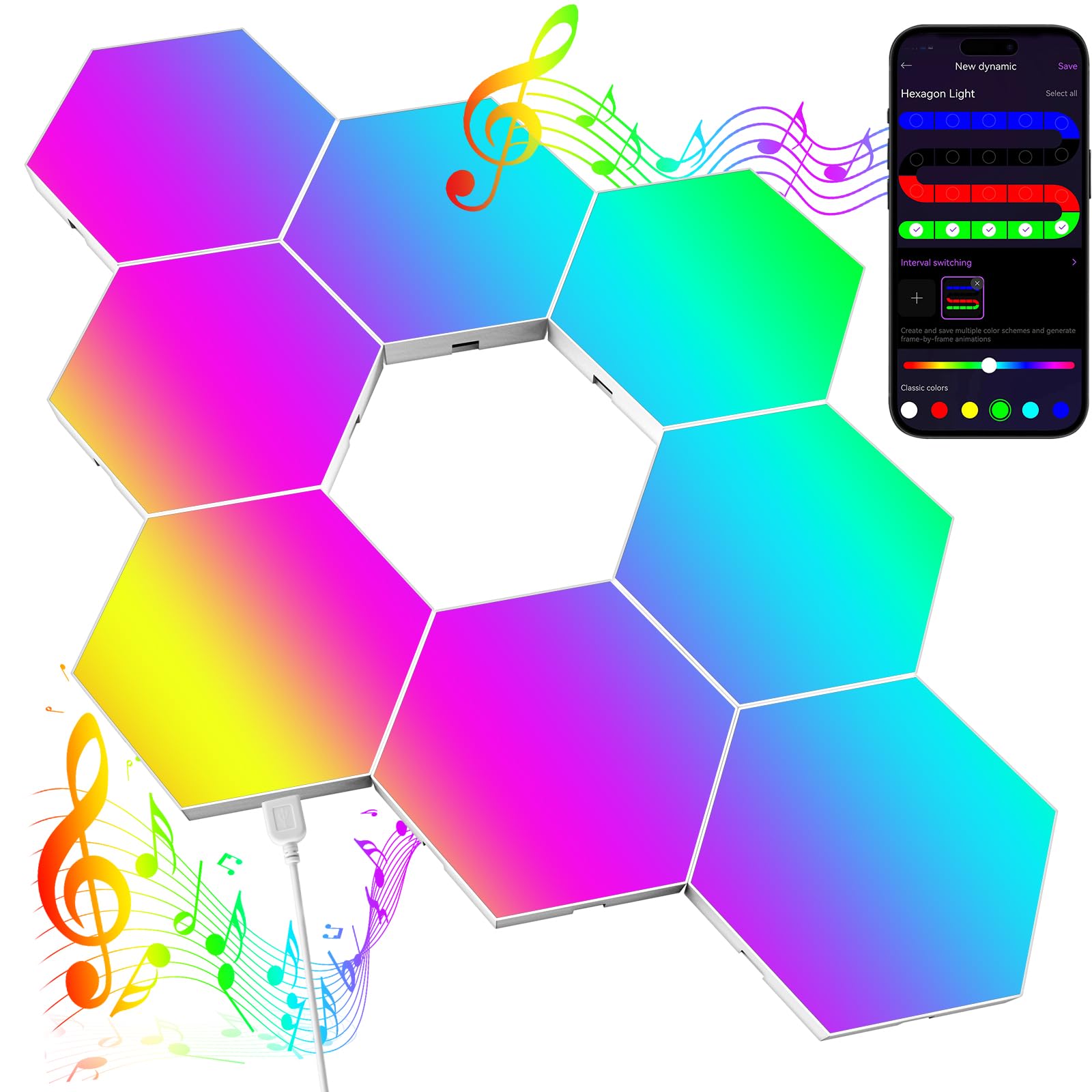 Big Hexagon LED Light - 8 Pack Smart RGB Hexagon LED Panels Wall Lights with APP & Remote Control Cool Music Sync Gaming Lights for Living Room, Bedroom, Gaming Room, Kids, Adults
